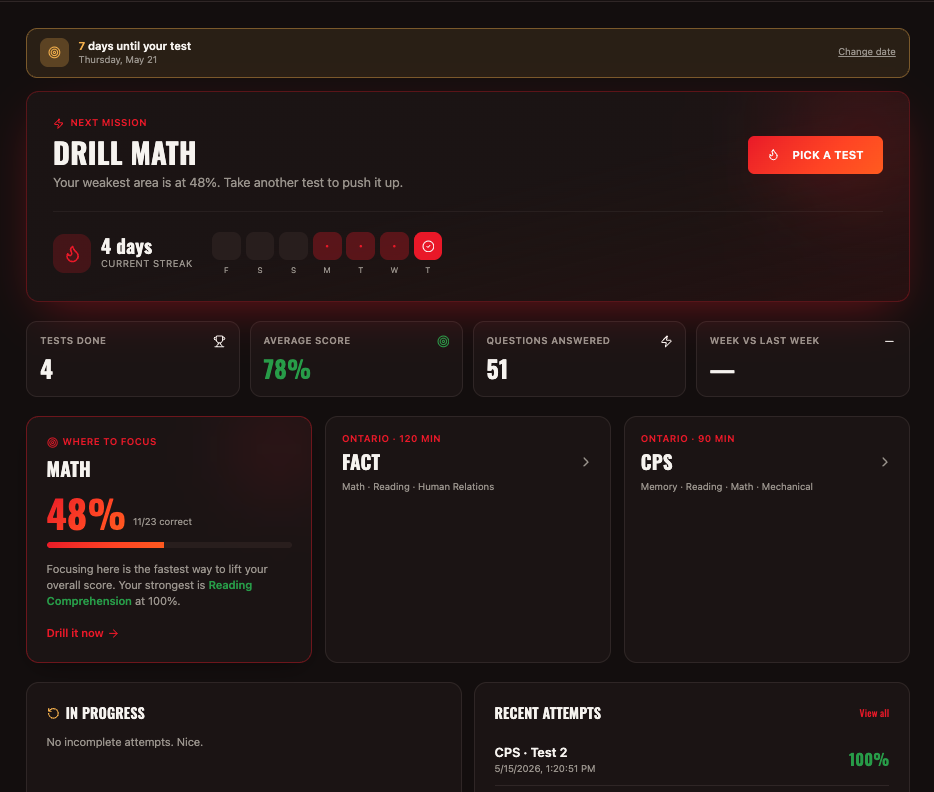 Firefighter Academy training dashboard showing test progress, weakest area focus, and recent attempts.